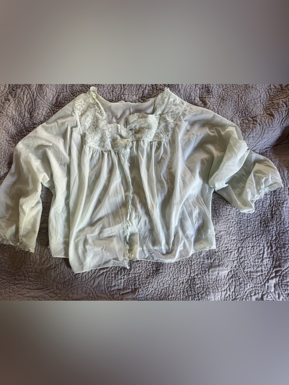 Vintage light seafoam green/mint Sheer Lace Trim lingerie jacket.